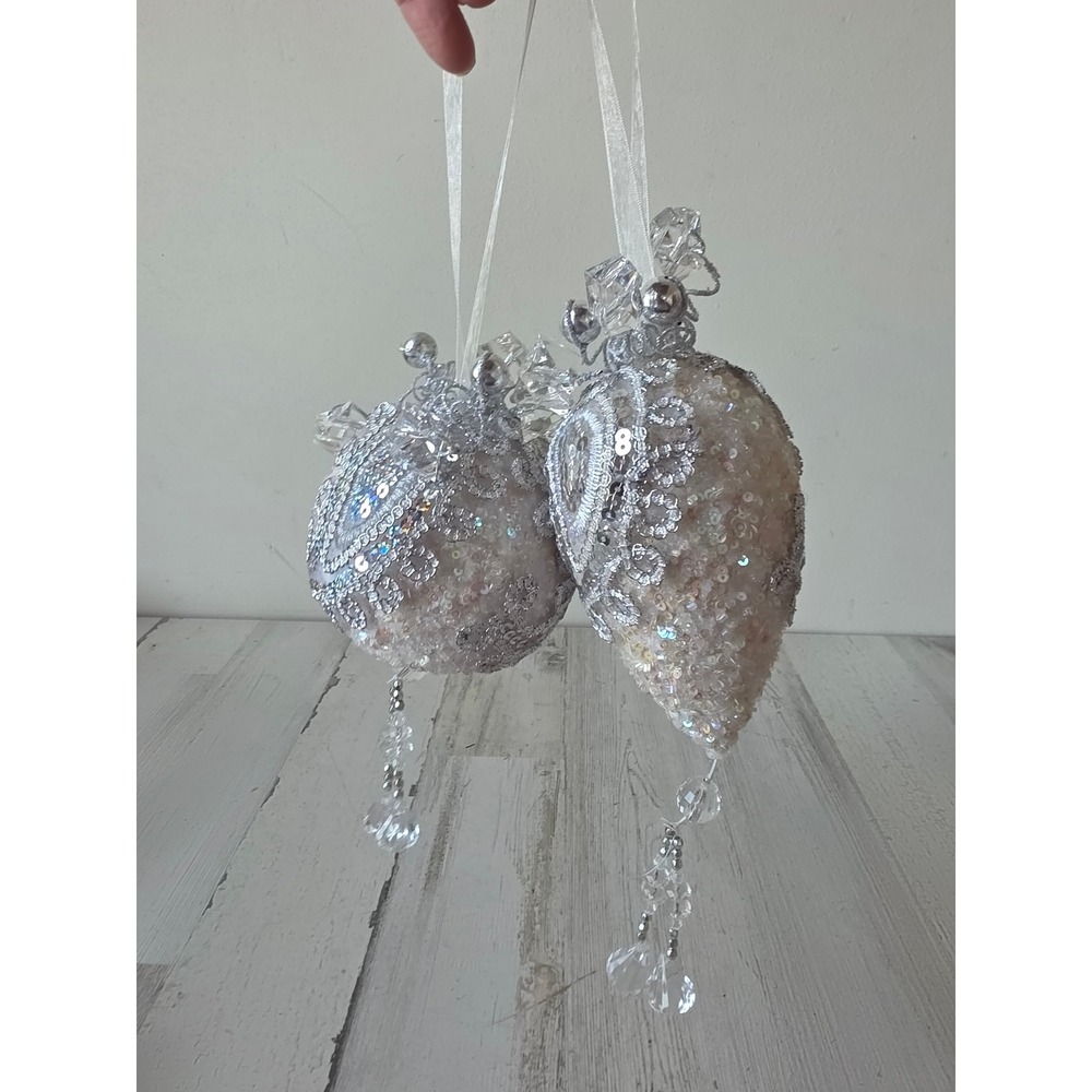 Vintage silver beaded iridescent ornament ball teardrop unique Xmas tree